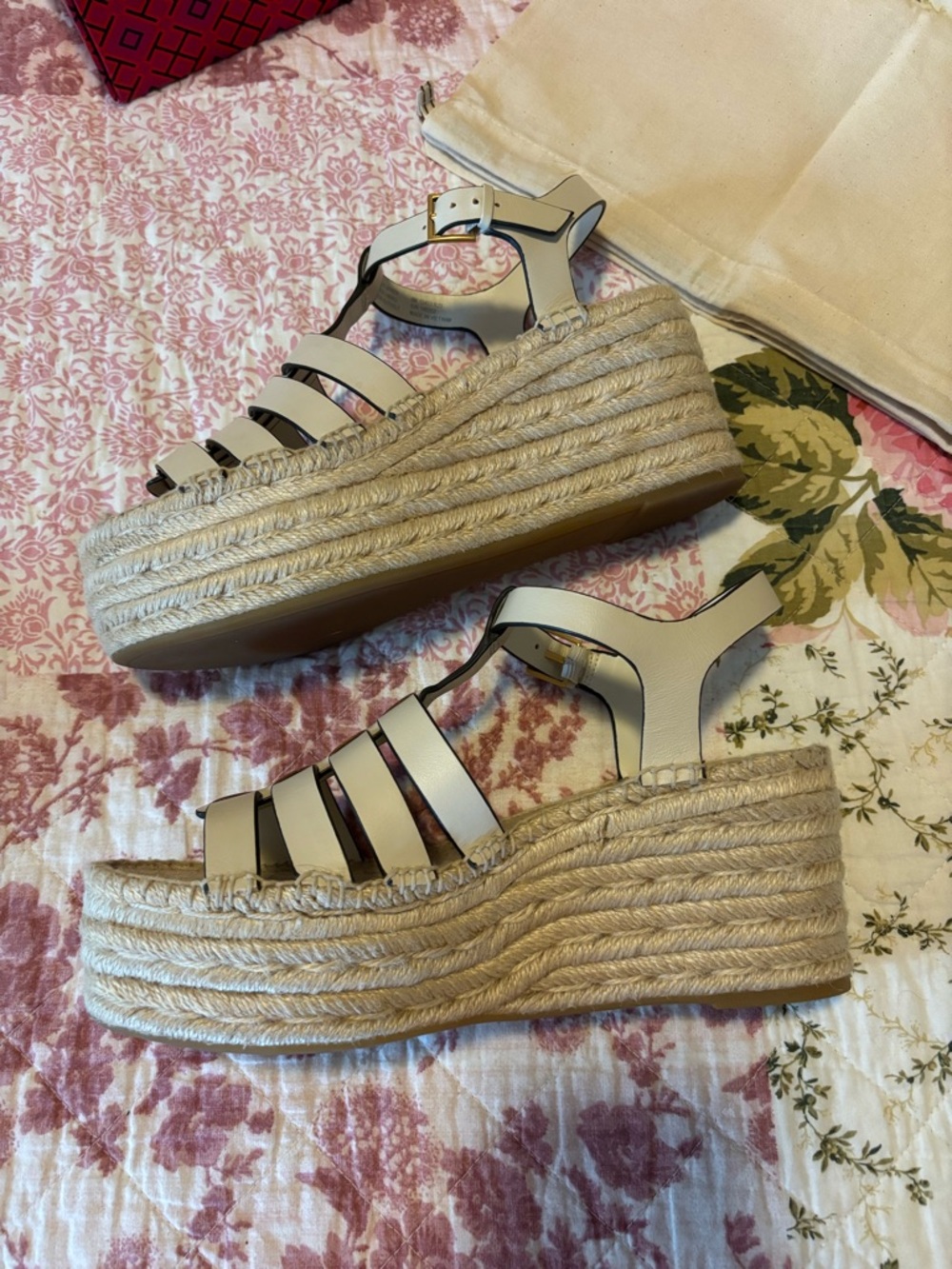 Tory Burch Ivory Vachetta Leather Strappy Espadrille Wedges Sandals - Picture 8 of 16